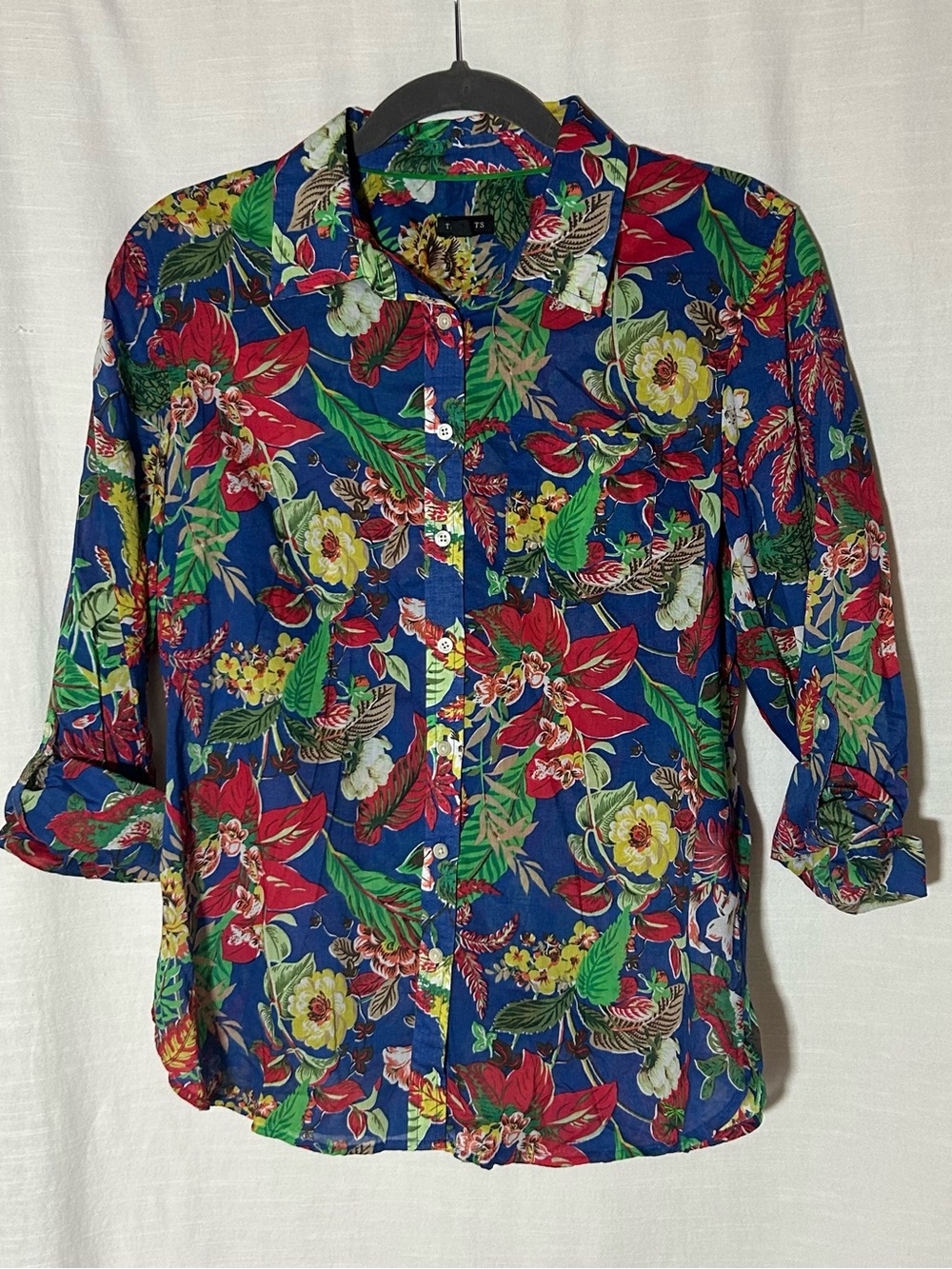 Talbots 100% Linen Bright Blue,‎ Red & Yellow Tropical Floral Button-Front Top